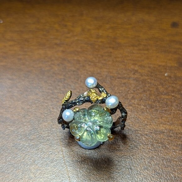 RING 5CT Green Tourmaline Carved Flower with Pearl Accents 925 Size 7.5 - Picture 5 of 9